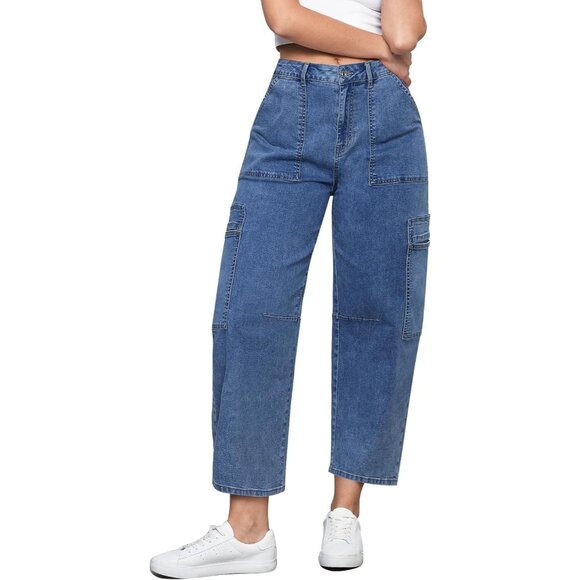 Women Jeans High Waisted Crop Cargo Pockets Wide Leg Stretch Denim - Picture 1 of 6